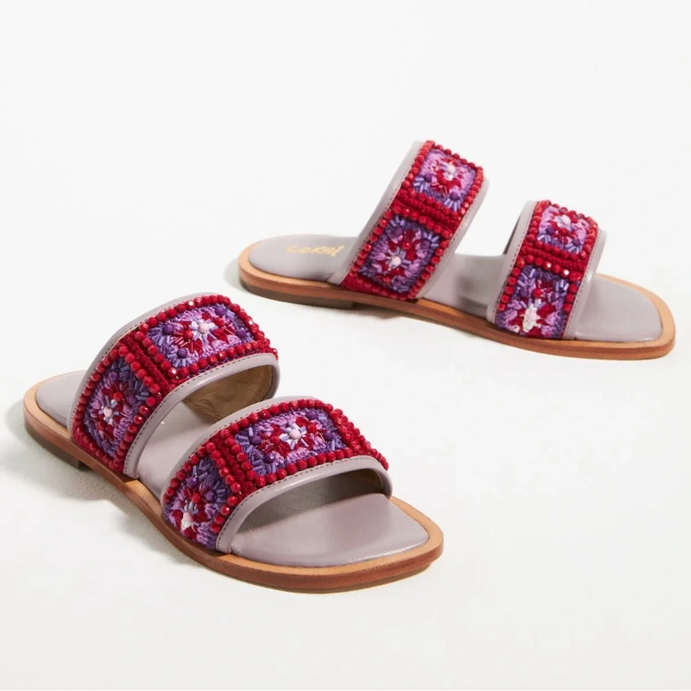 NIB Anthropologie Coral Blue Beaded Granny Sandals sz 37/6, 6.5 Red Purple Slide